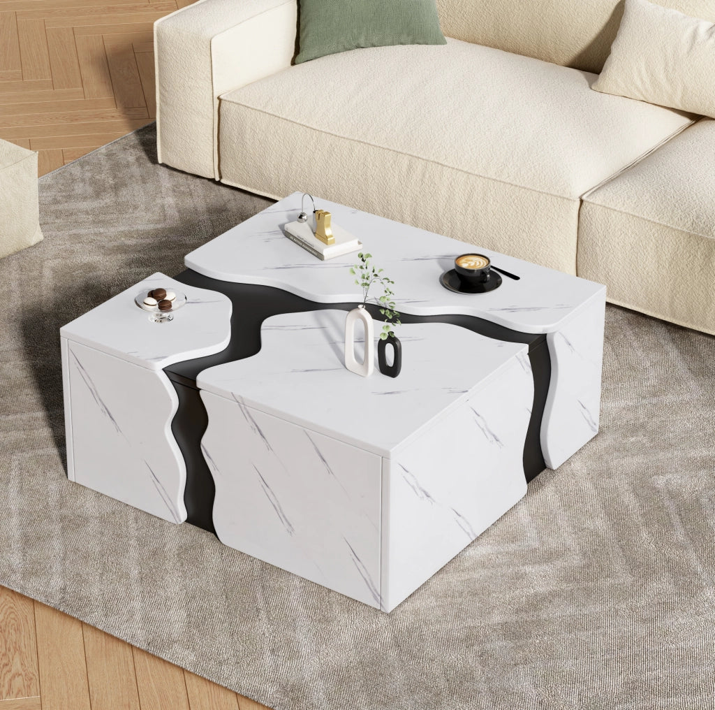 Tavolino da salotto geometrico 70 x 70 x 31 cm bianco in truciolare effetto marmo con cassetto
