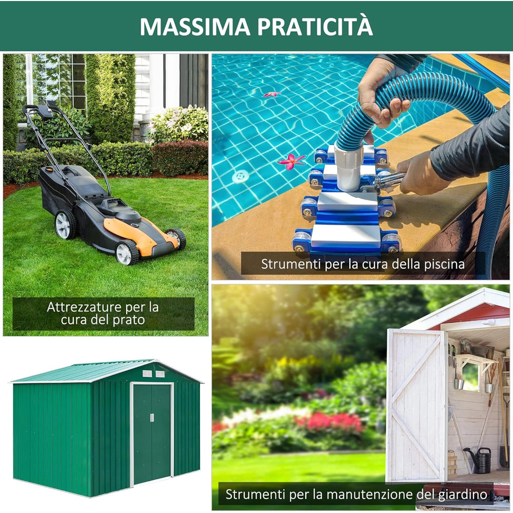 CASETTA BOX PORTA ATTREZZI CAPANNO GIARDINO BASE E DOPPIE PORTE SCORREVOLI 277×195×192cm IN ACCIAIO VERDE OUTSUNNY 845-031GN