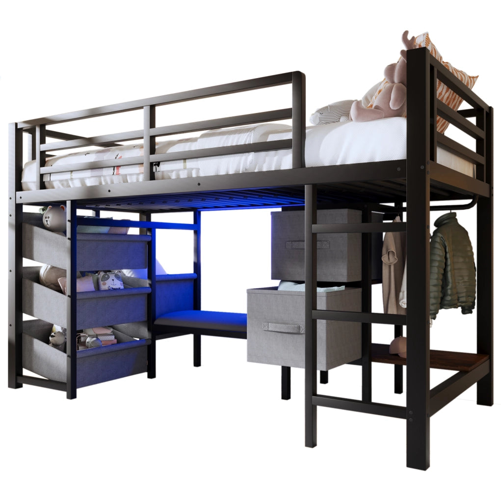Letto rialzato 90x200 cm in metallo con LED multicolore, cuscino e spazio contenitivo