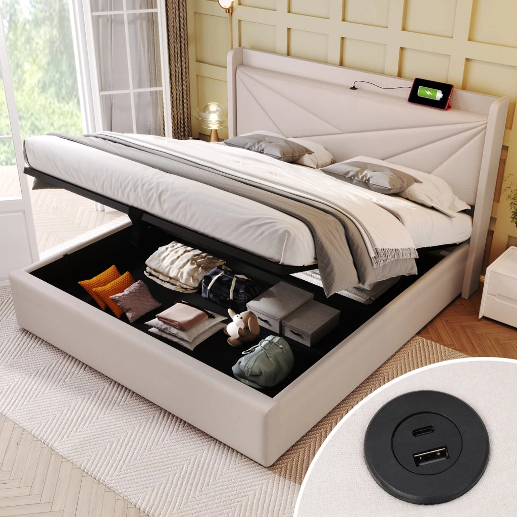 Letto contenitore matrimoniale 140×200 cm con USB; porta di ricarica tipo C e testiera imbottita; senza materasso; beige