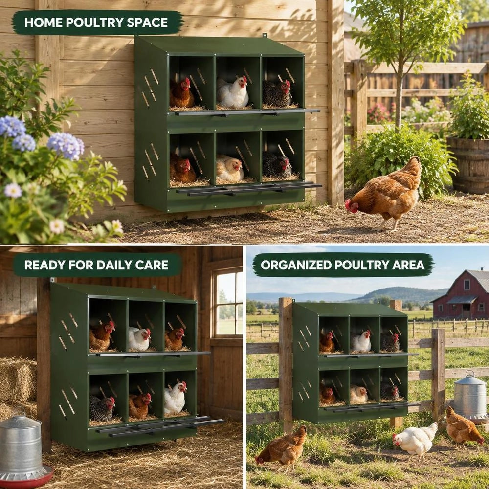 Chicken Nesting Box With 6 Compartments, Olive Green, Metal