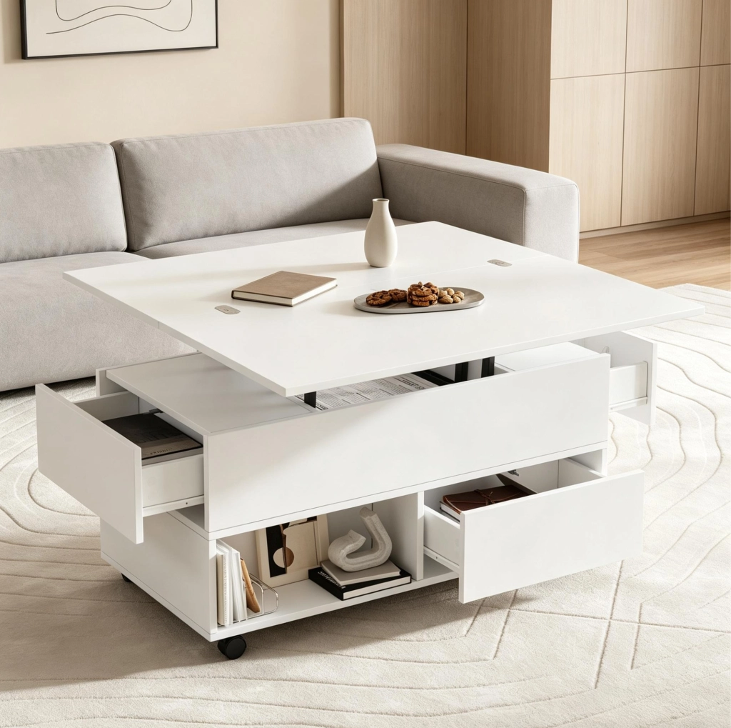 TAVOLINO Alzabile 100x50x52 cm Bianco con Ruote e 4 Cassetti
