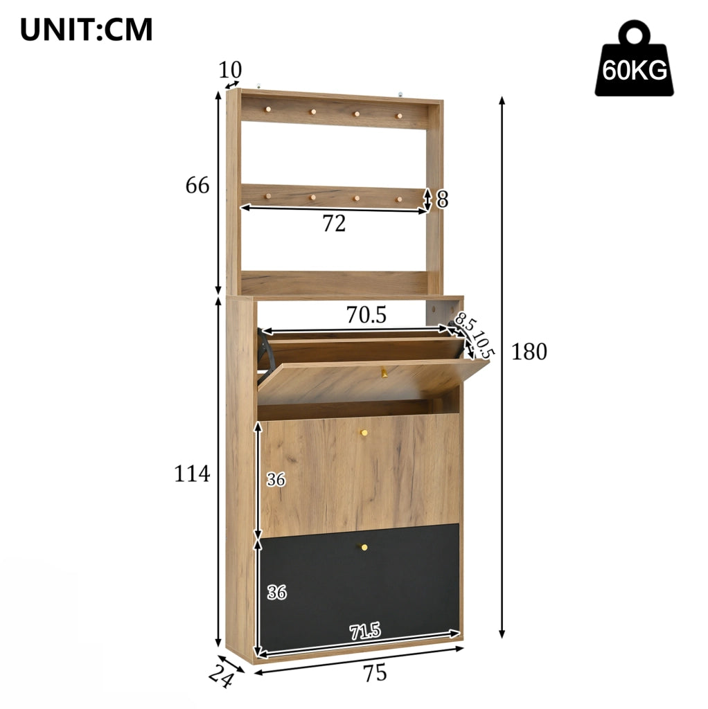 Mobile portascarpe moderno con ganci, 3 vani ribaltabili, effetto legno naturale e nero, 75 x 24 x 180 cm