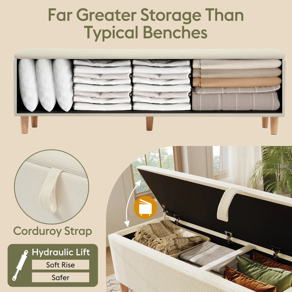 Panca Fondo Letto con Vano Contenitore Idraulico; Panca Imbottita per Camera e Ingresso; in Velluto a Coste Legno Beige