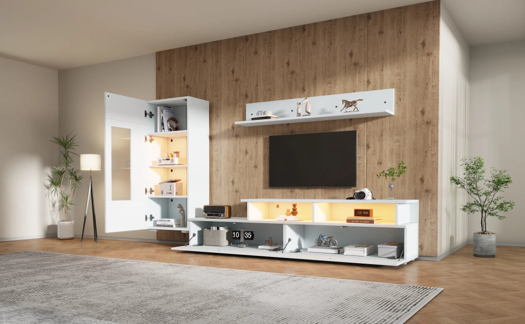 Set mobile TV 3 pezzi 170 cm, 1 ribaltabile + 1 nicchia, 4 ripiani, LED, bianco