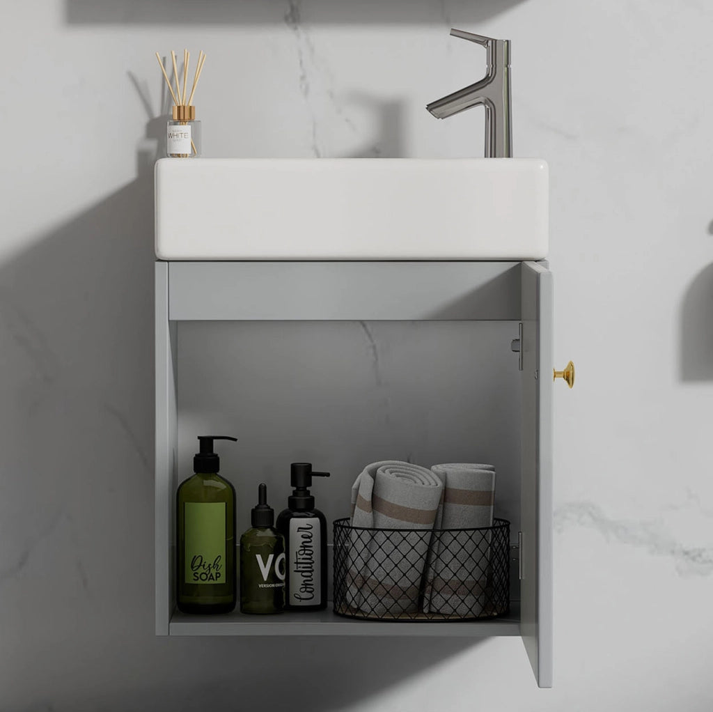 Mobile bagno con lavabo in ceramica e anta soft-close; MDF grigio e bianco