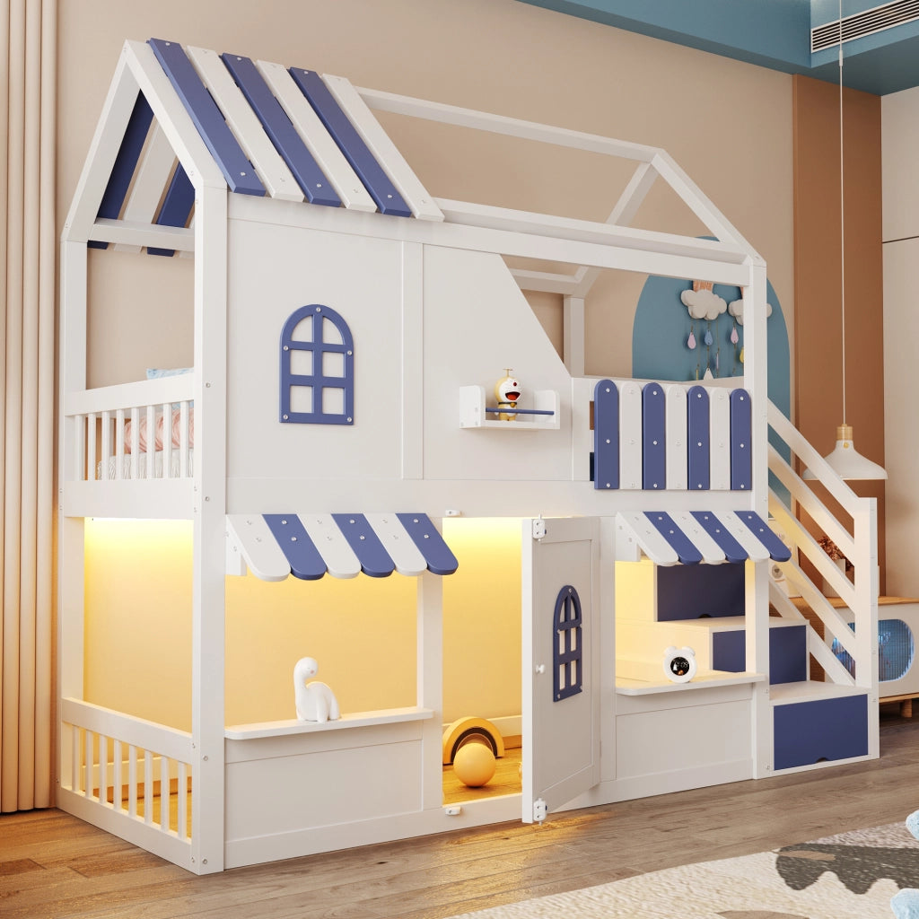 Letto a castello per bambini 90x200 cm a forma di casetta; con LED; ripiani; bianco e blu