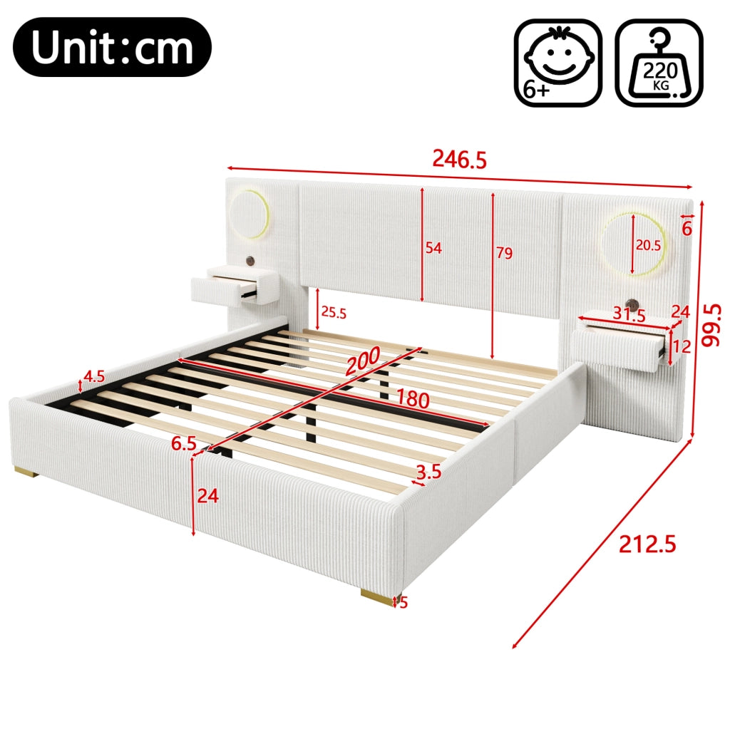 Letto imbottito 180x200 cm in velluto beige con LED, USB e comodini con cassetti