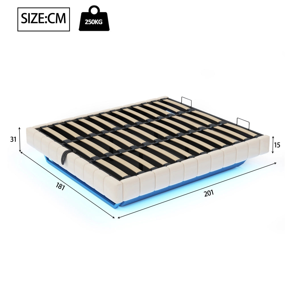 Letto imbottito sospeso 180x200 cm con contenitore e LED; beige