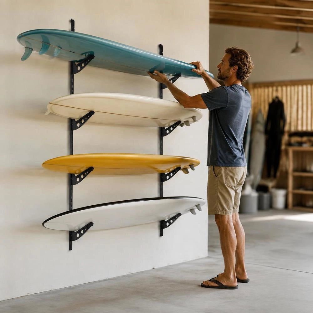 Surfboard Wall Mount (4 Levels) Horizontal Surfboard Rack Hanger For Storage & Display, Height-adjustable Organizer For Kiteboards, Shortboards, Skis, Snowboards, Black