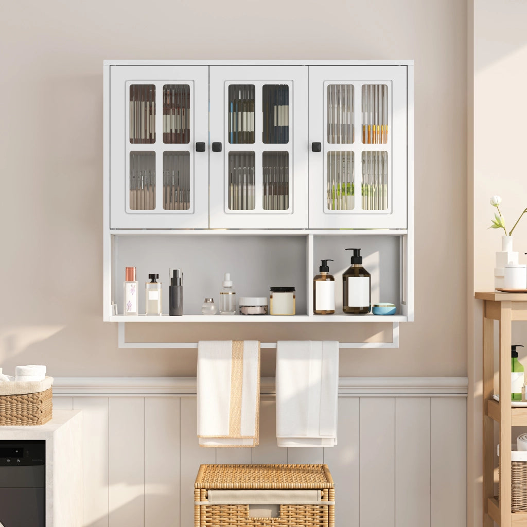 Pensile da bagno con 3 ante; 1 vano a giorno e portasciugamani; per bagno; in MDF e vetro; 88 × 26 × 82.5 cm; bianco