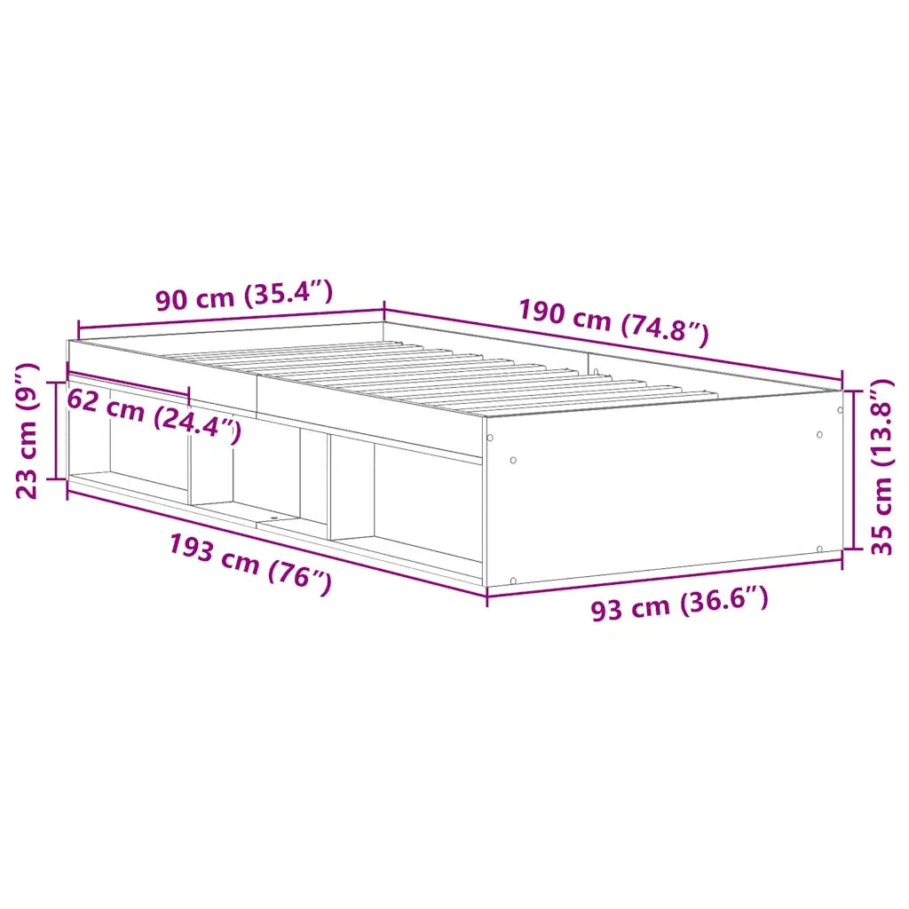 Letto singolo | Letto per adulti | Giroletto senza Materasso Rovere Sonoma 90x190 cm