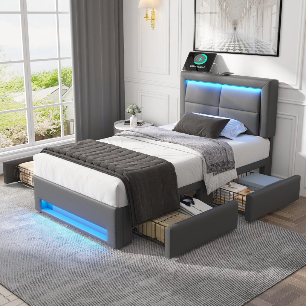 Letto imbottito 90x190 cm con USB; LED e 4 cassetti; PU grigio