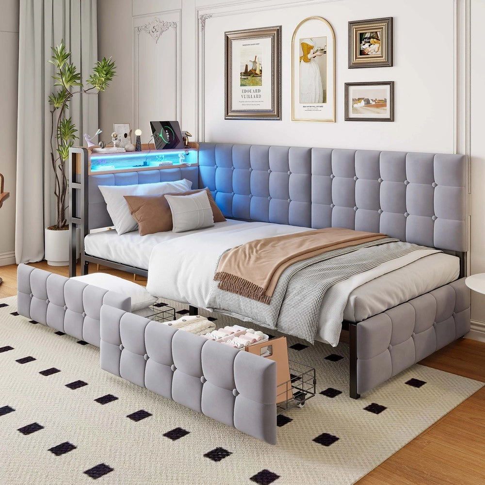 Letto Singolo Imbottito con Cassetti e LED ¨C MINIMAL ¨C Grigio 90x200