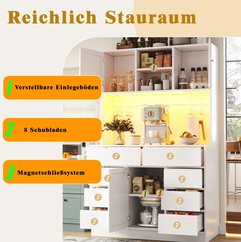 Mobile cucina alto con LED smart, 8 cassetti e ripiani regolabili