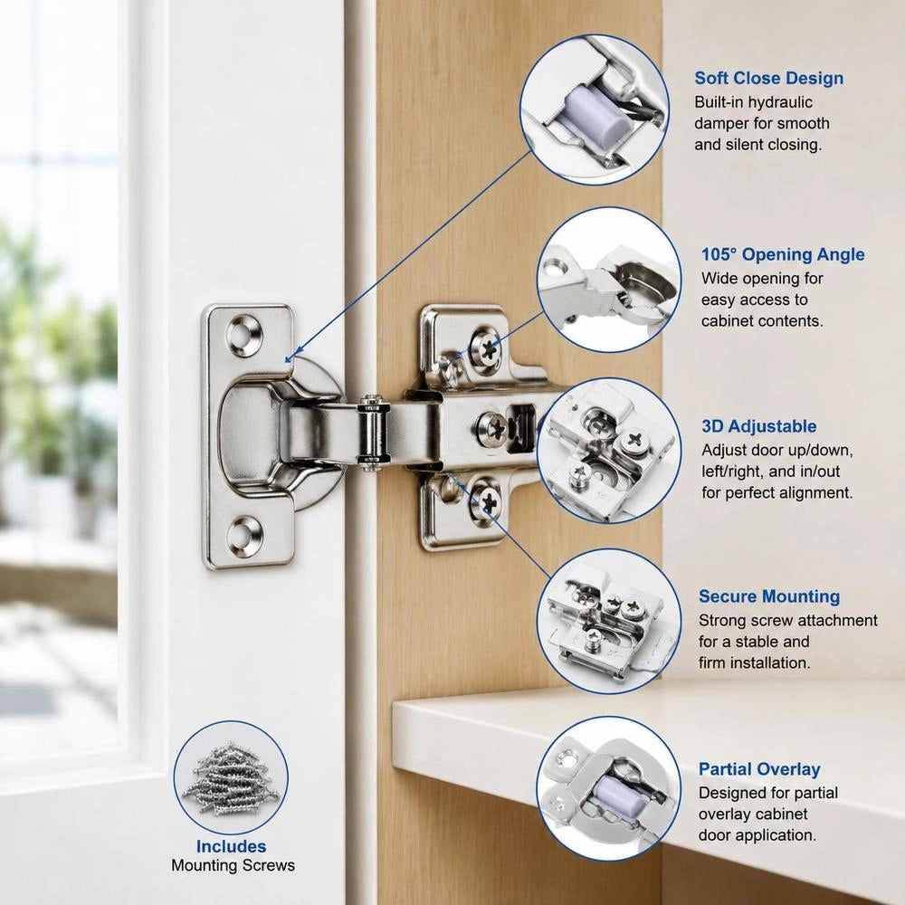 Cabinet Hinges, Set Of 40, Partially Surface-mounted Furniture Hinges, 105-degree Opening Angle, Soft-close, Hinges For Framed Cabinet Types, With Mounting Screws, 71 X 57 X 18 Mm