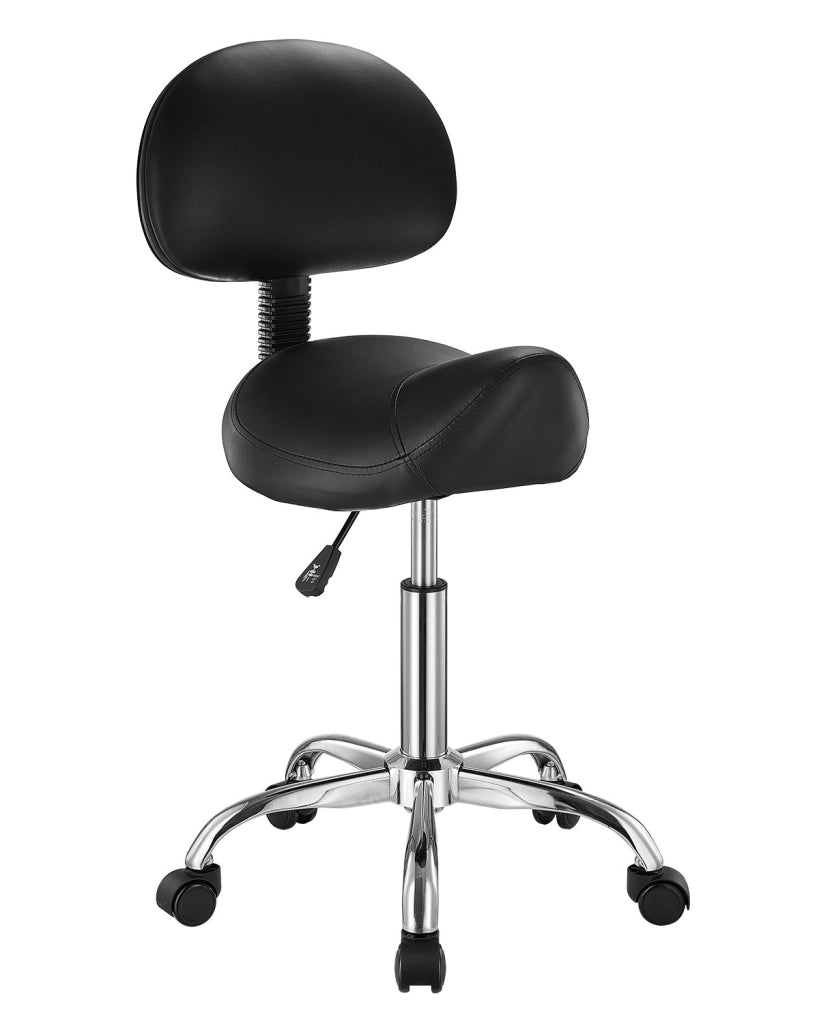 Sgabello da Sella con Ruote e Schienale MST003-4, Sedia Ergonomica Girevole Regolabile in Pelle PU, Portata 204 kg, Nero