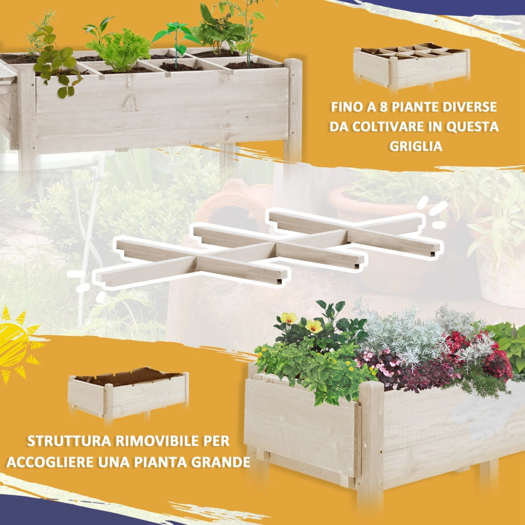 Fioriera Rialzata da Esterno a 8 Sezioni in Legno di Abete con Ripiano Laterale e Mensola Inferiore per Giardino 123x54x87 cm