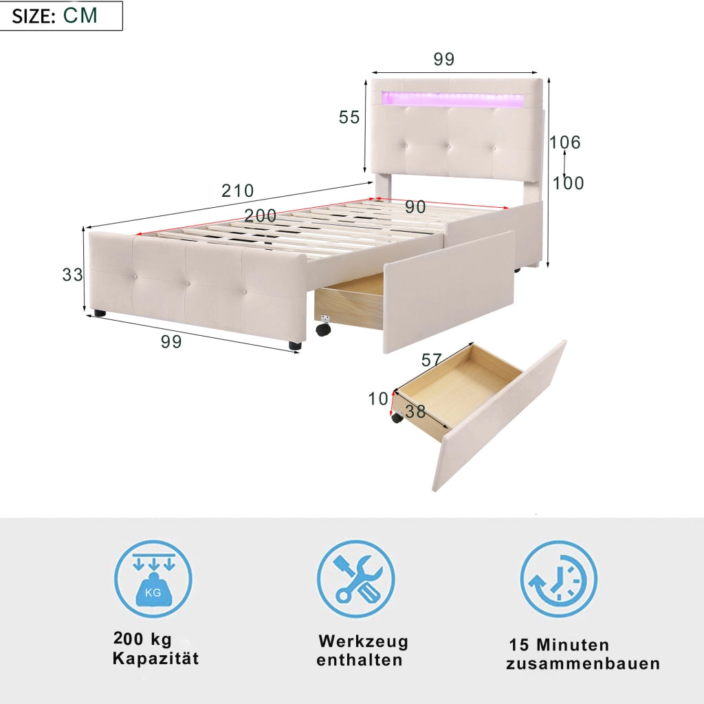 Letto singolo imbottito beige con LED e 2 cassetti