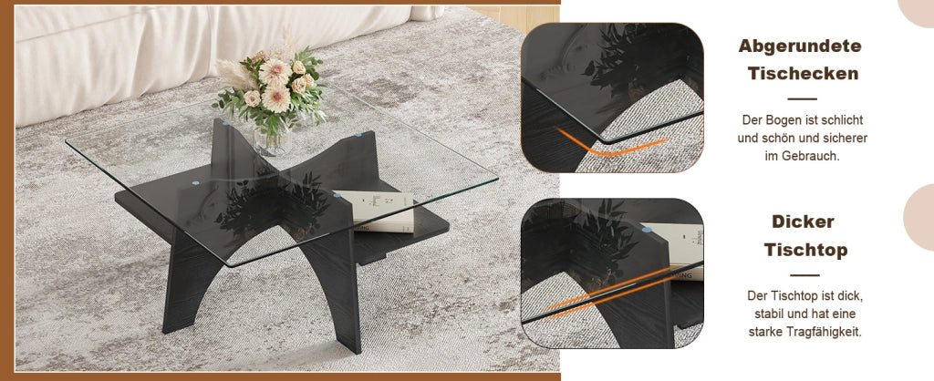 TAVOLINO Quadrato 80 cm Vetro di sicurezza MDF Nero