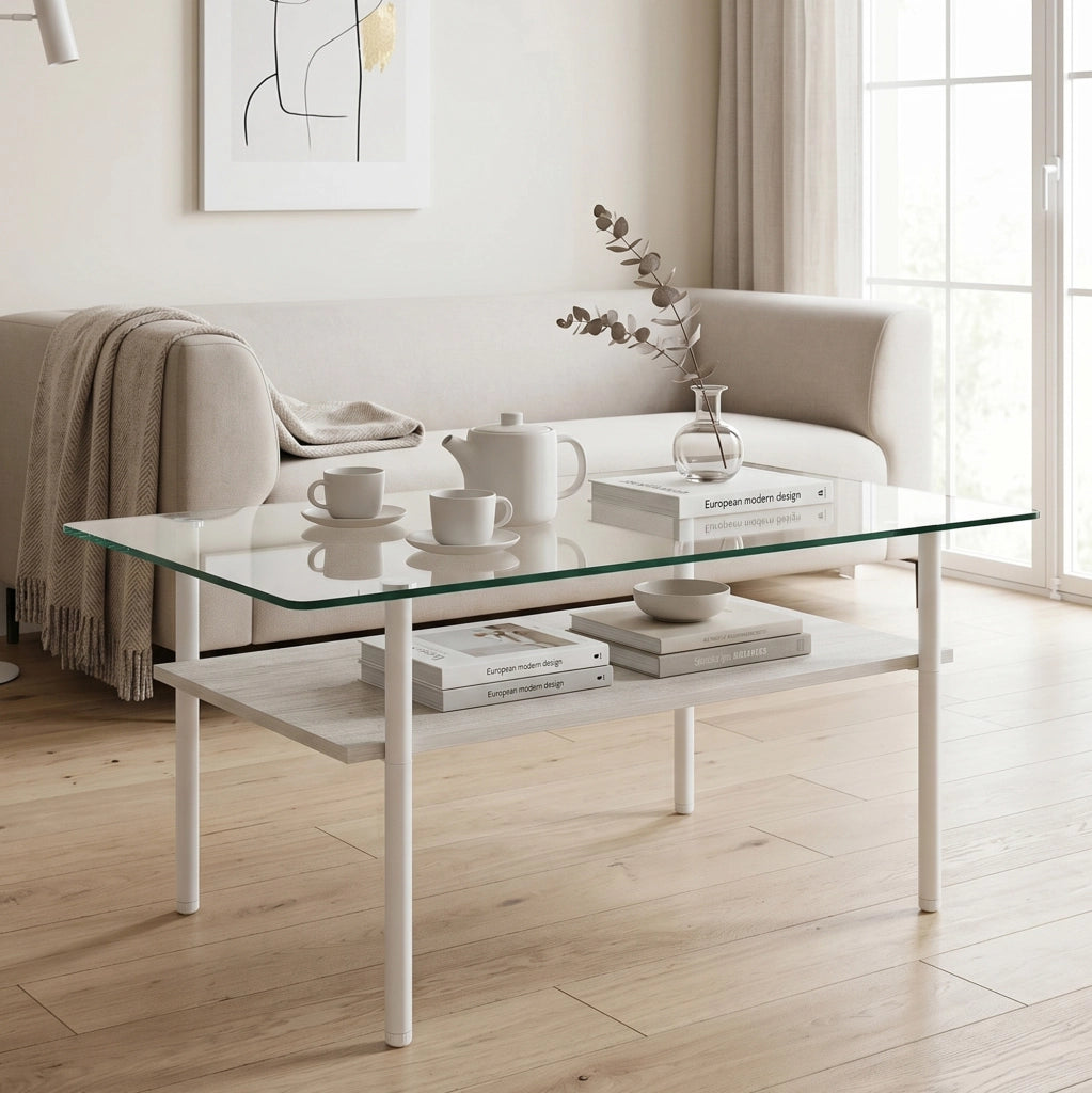 TAVOLO DA CAFFÈ Rettangolare 98x58x45 cm Bianco Vetro e MDF