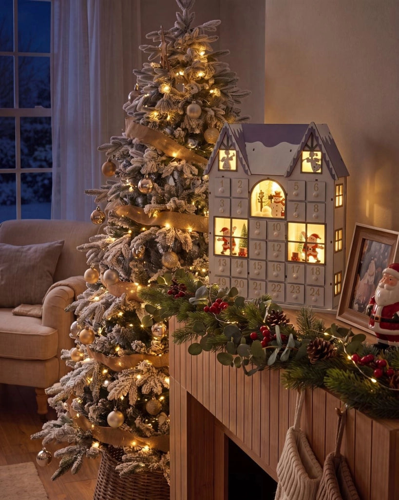 Accogliente decorazione natalizia a LED con figurine a forma di casetta in legno Calendario dell'Avvento bianco