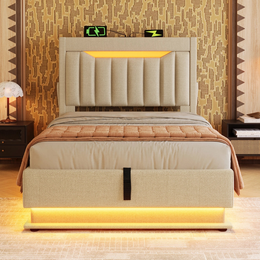 Letto singolo 90 × 200 cm con contenitore idraulico in lino beige LED USB Type-C materasso incluso