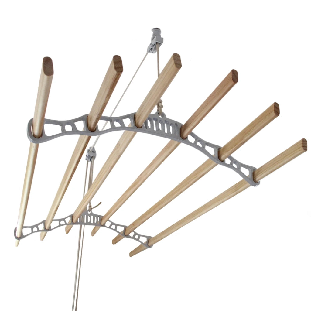 Stendibiancheria da Soffitto con 6 Stecche Legno 140cm e Supporti Ghisa Bianchi