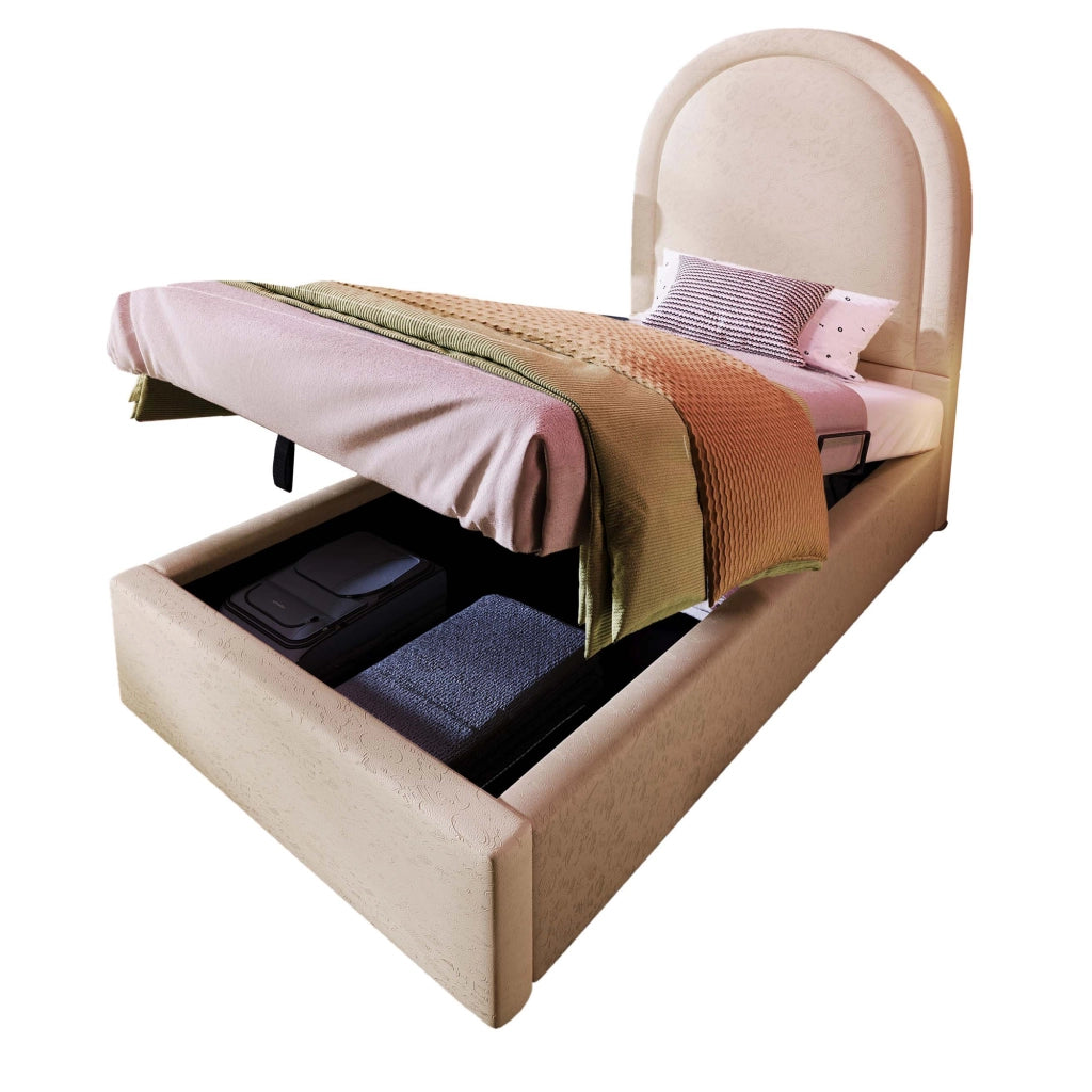 Letto imbottito singolo 90×200 cm con contenitore e rete sollevabile; materasso incluso; PU; beige