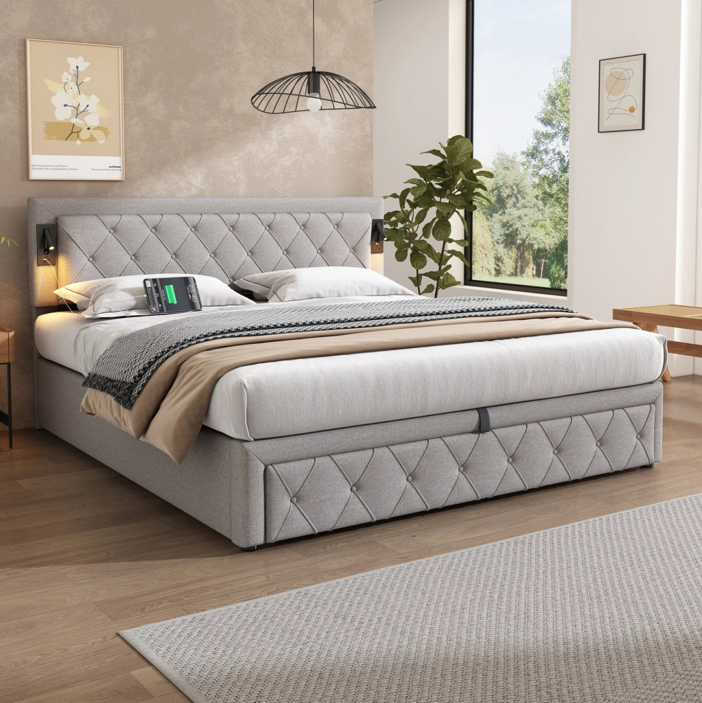 Letto imbottito contenitore idraulico con USB e downlight; lino grigio