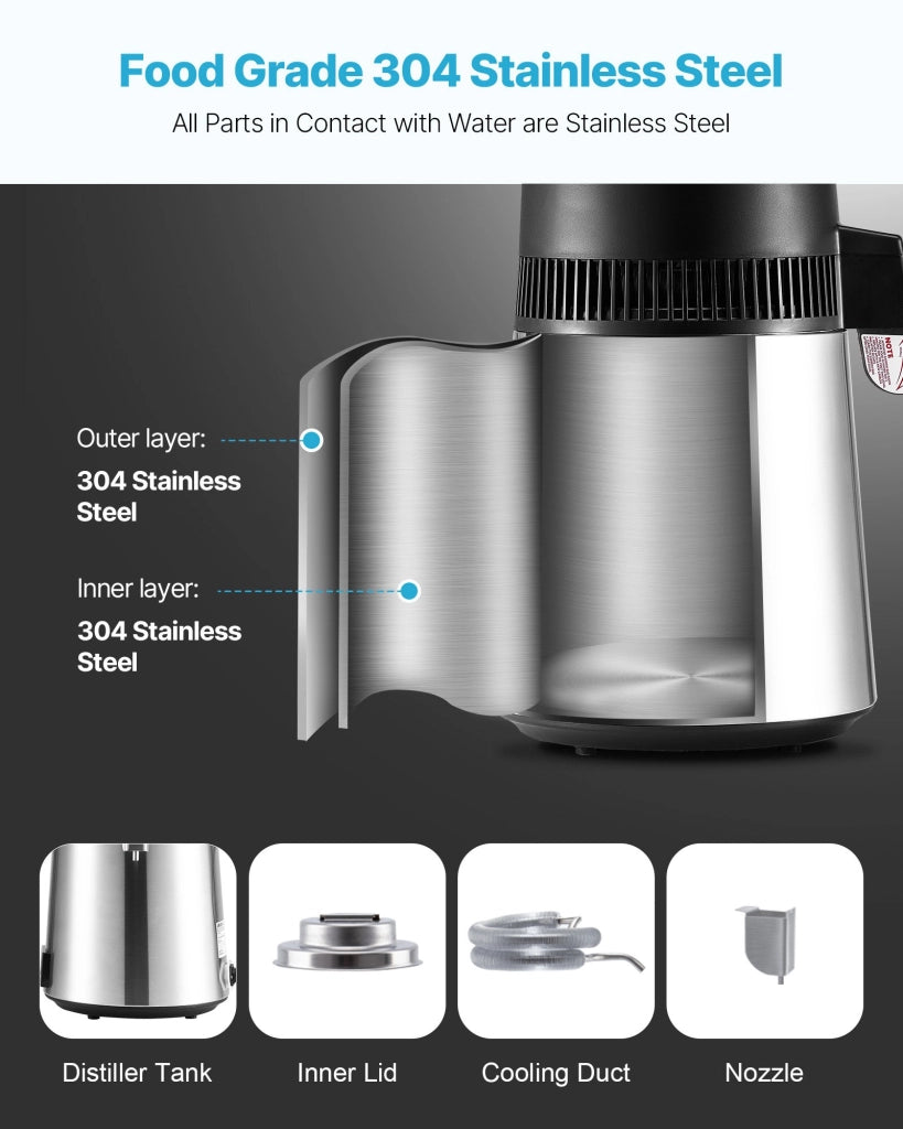 Distillatore d'acqua da banco 6 L 900 W YMK60208 in acciaio inox 304 e vetro, purificatore robusto e facile da usare per uso domestico e cucina