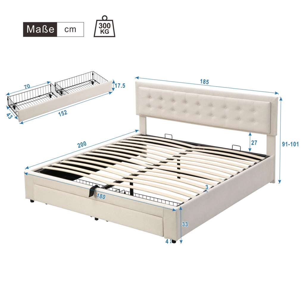 Letto con contenitore e cassetti in velluto beige; testiera regolabile; 180 × 200 cm