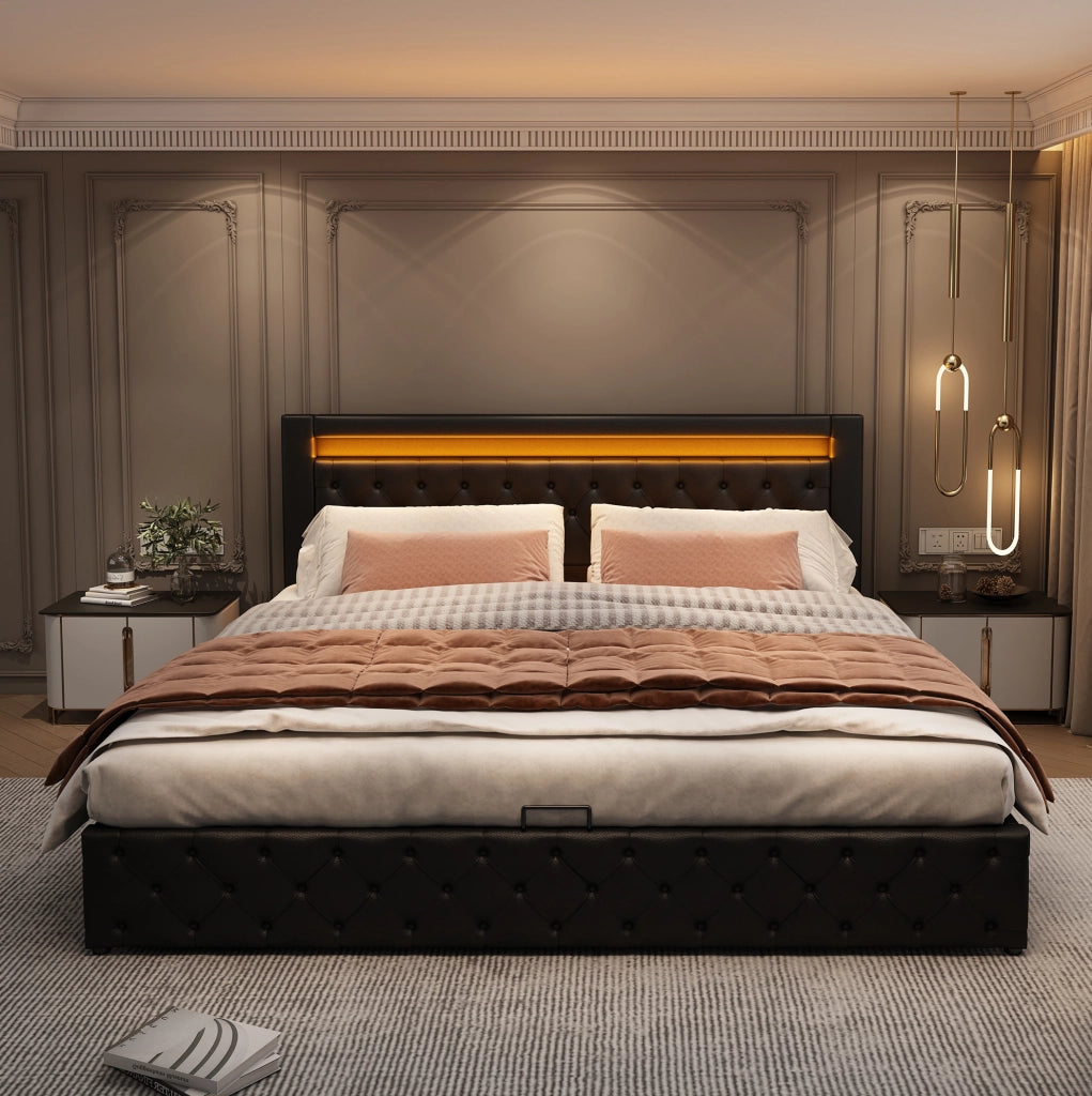 Letto imbottito 180x200 cm con rete, contenitore e luci LED