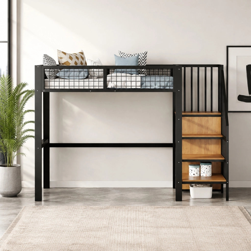 Letto a soppalco 90x200 in metallo con scala di sicurezza e armadio integrato