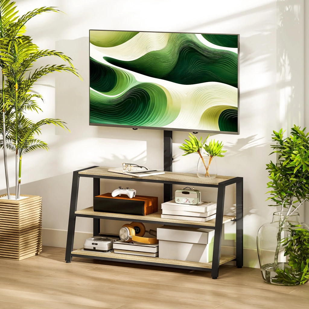 Mobile porta TV con supporto per schermi 32-70 pollici, ripiani aperti, regolabile 35°, effetto legno naturale, 108x41x135cm