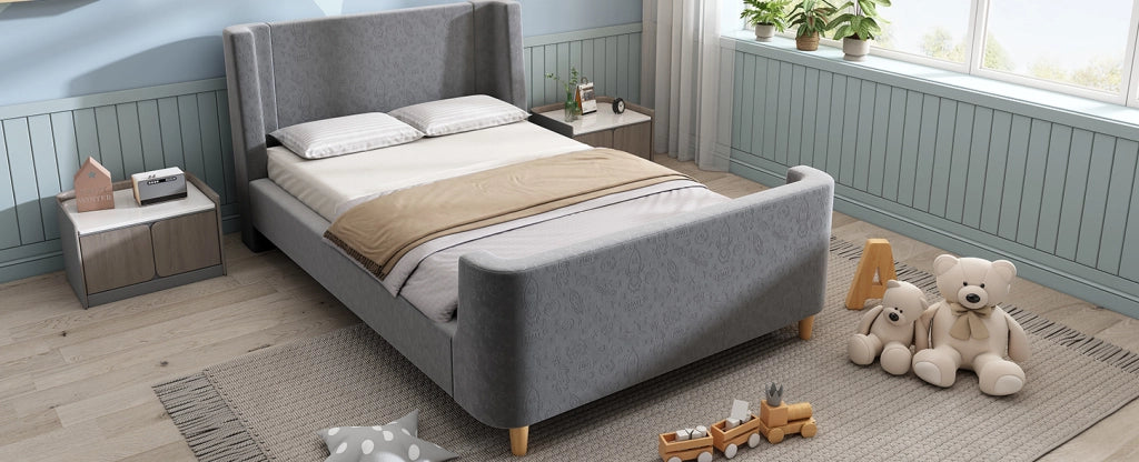Letto singolo per bambini 90x200 cm in velluto grigio con struttura in metallo e legno massello, design a slitta con motivo spaziale