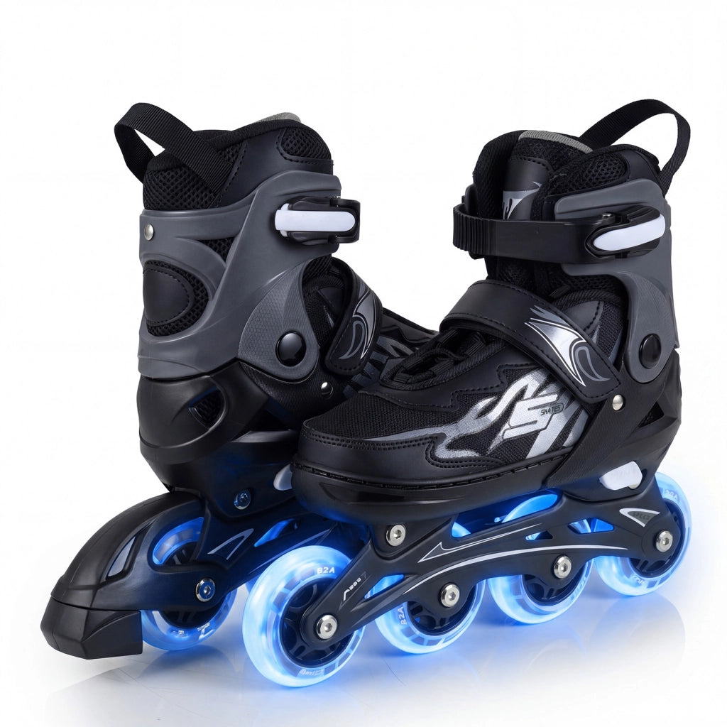Pattini in linea per bambini 9-14 anni regolabili in 4 taglie, Pattini a rotelle con 4 ruote illuminate per principianti Grigio