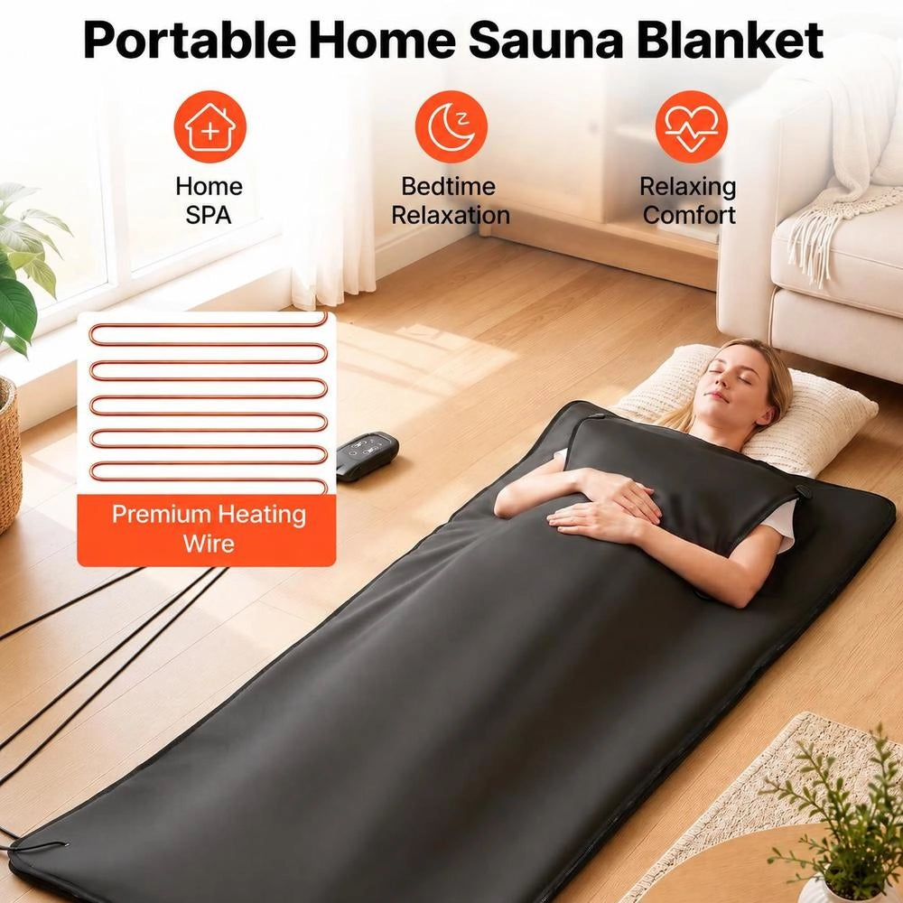 Coperta Sauna Infrarossi Aperture Oxford 180x80cm Portatile Temperatura Timer Riscaldamento Uniforme Borsa Nero