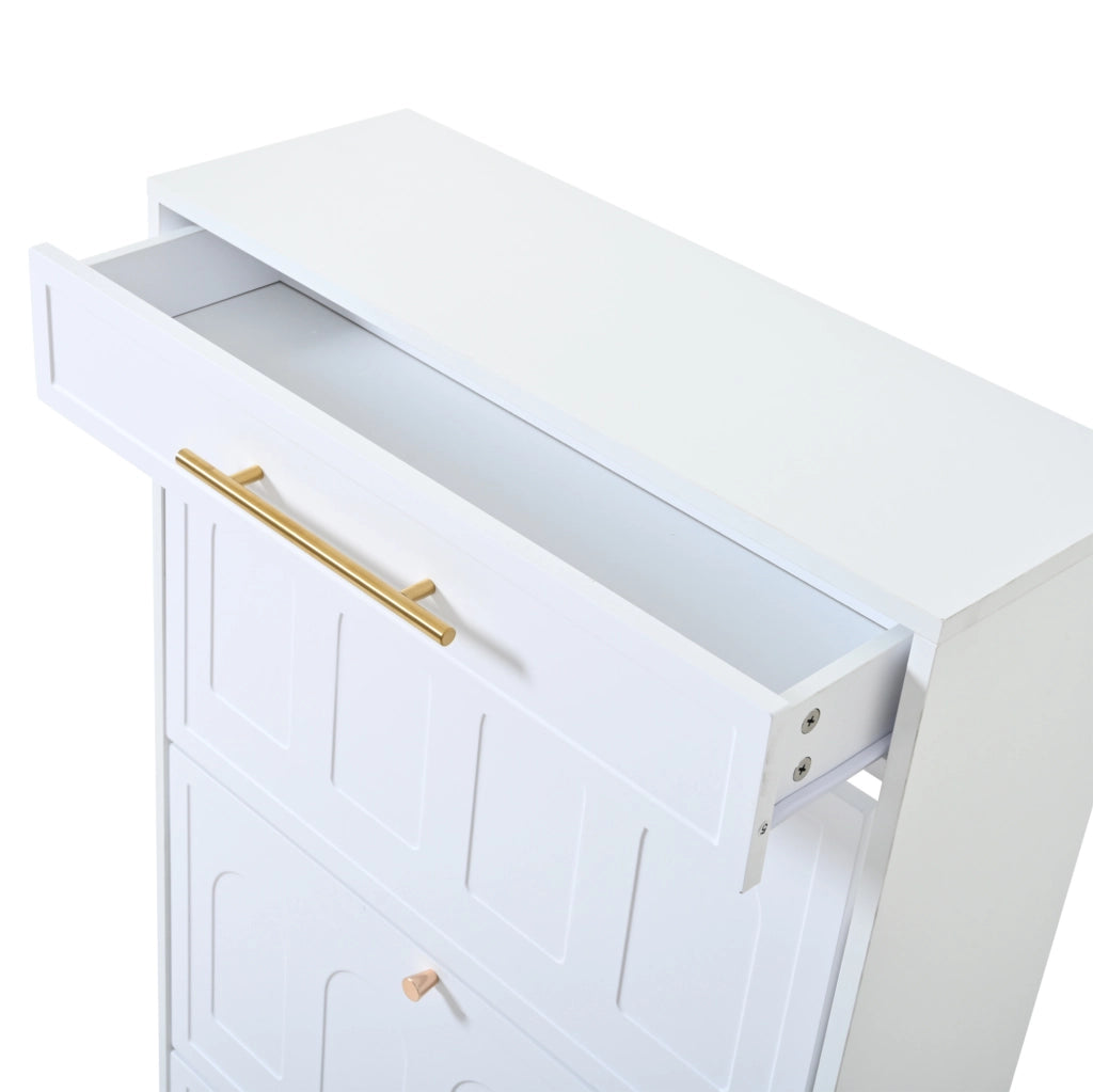 Scarpiera moderna con 12 ripiani e 2 cassetti; 140x25x123;5 cm; MDF; bianca