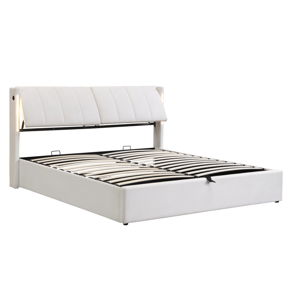 Letto imbottito 140 x 190 cm con LED, USB, vano contenitore e testiera regolabile