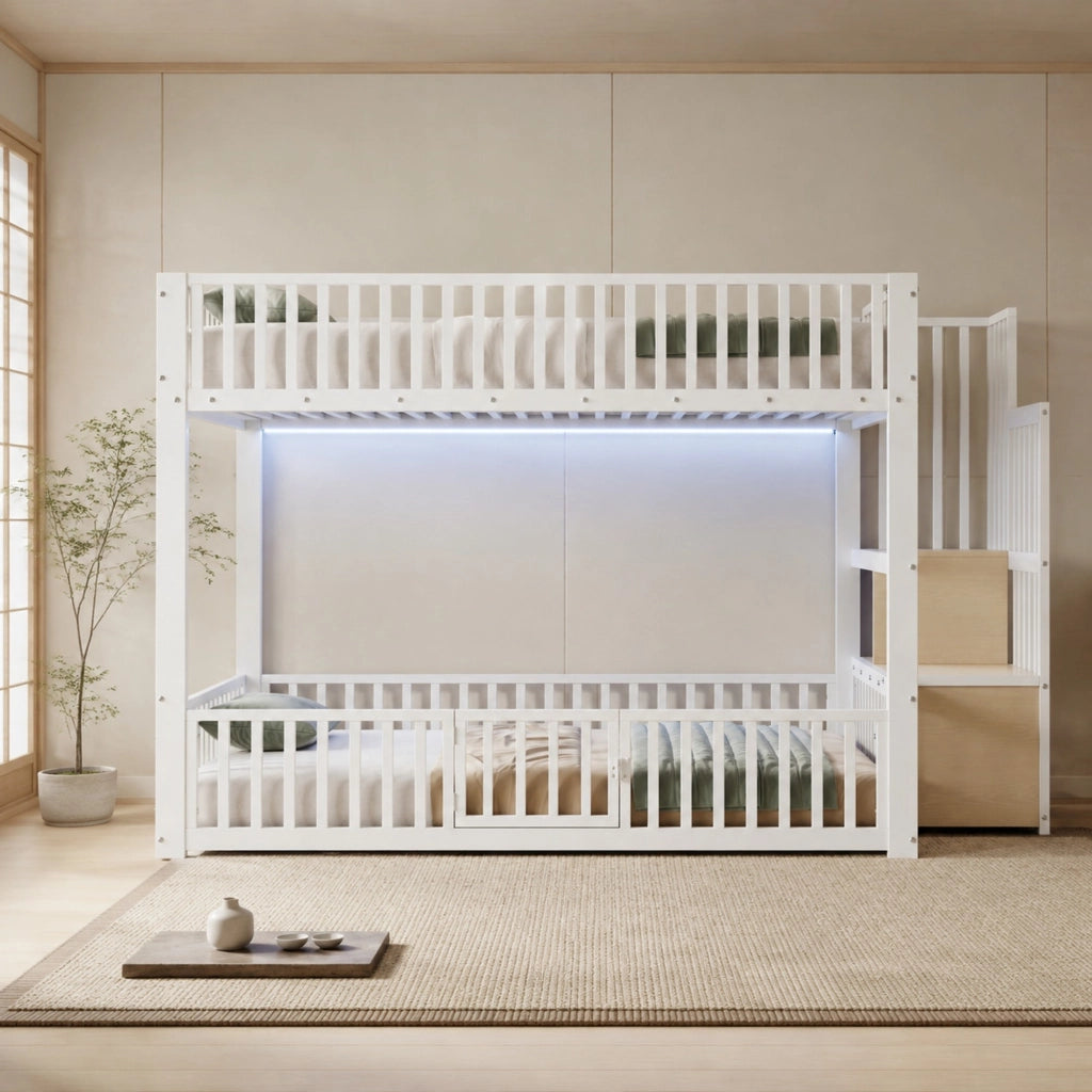 Letto a castello 140 × 200 cm a due livelli con scala contenitore e LED in metallo e MDF bianco