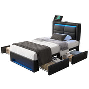 Letto Singolo 90 x 200 cm con USB; LED e 4 Cassetti in PU Nero