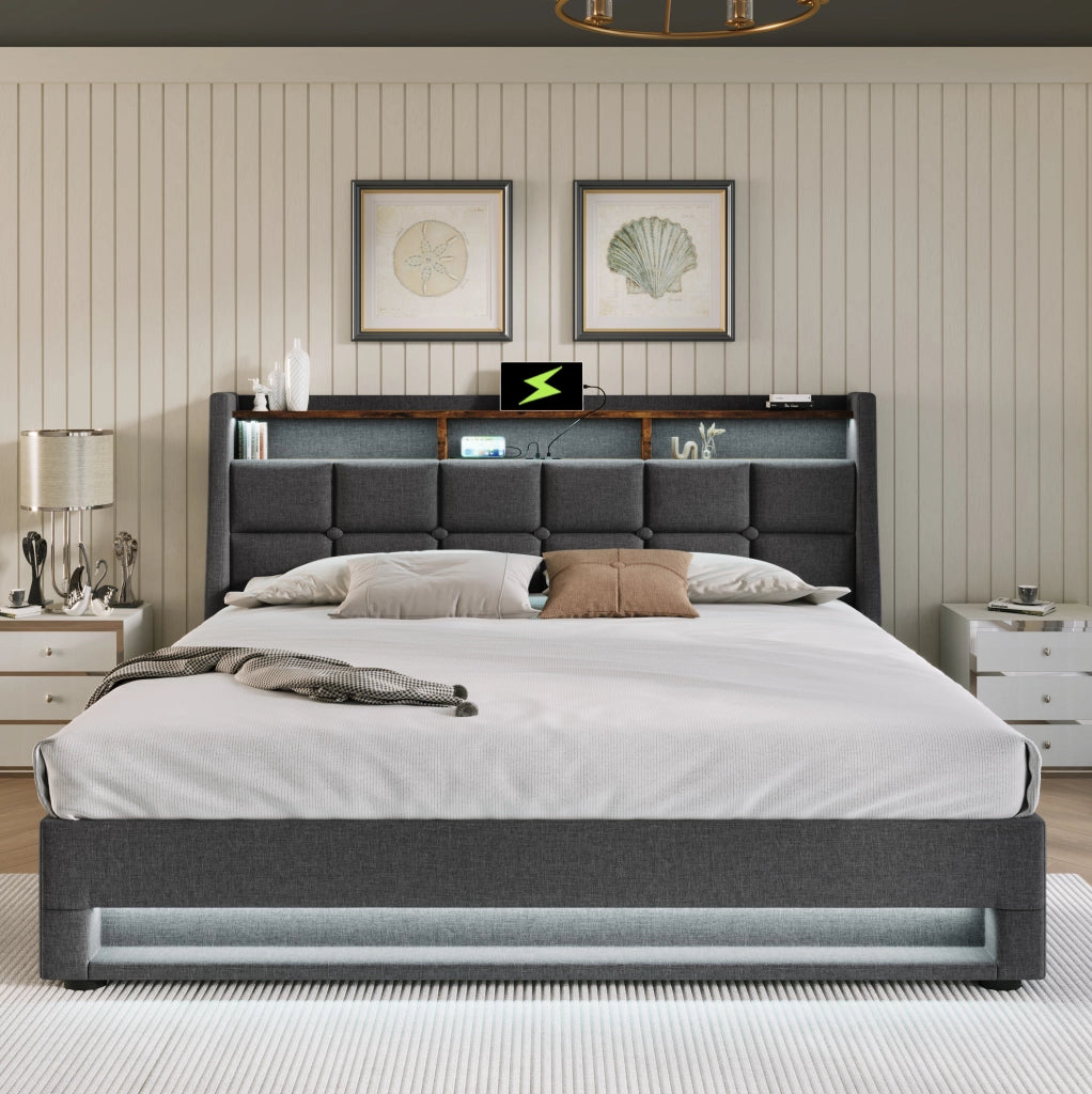 Letto imbottito 140x200 cm con materasso, LED, 2 USB e contenitore in lino grigio