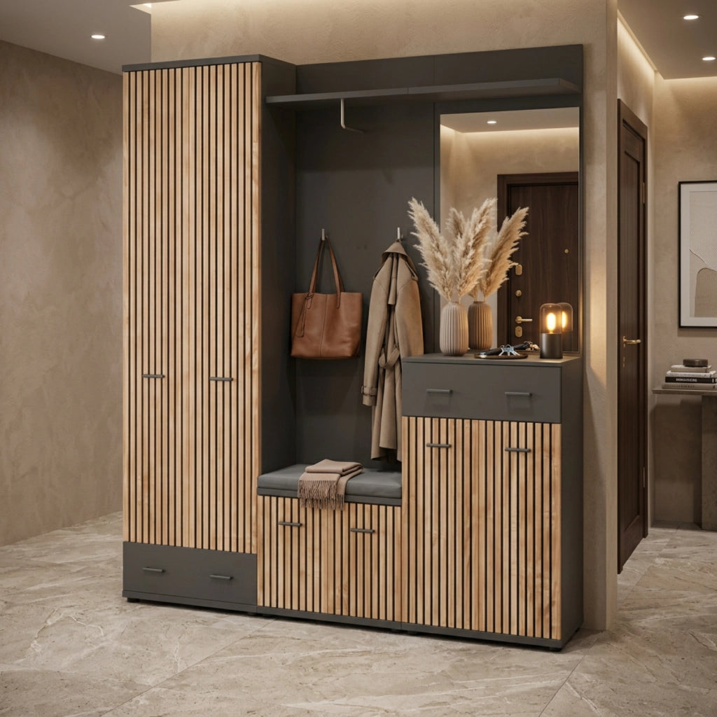 Mobile Ingresso Appendiabiti Set Entrata Design Moderno 180x 32x 203 Cm Antracite E Rovere