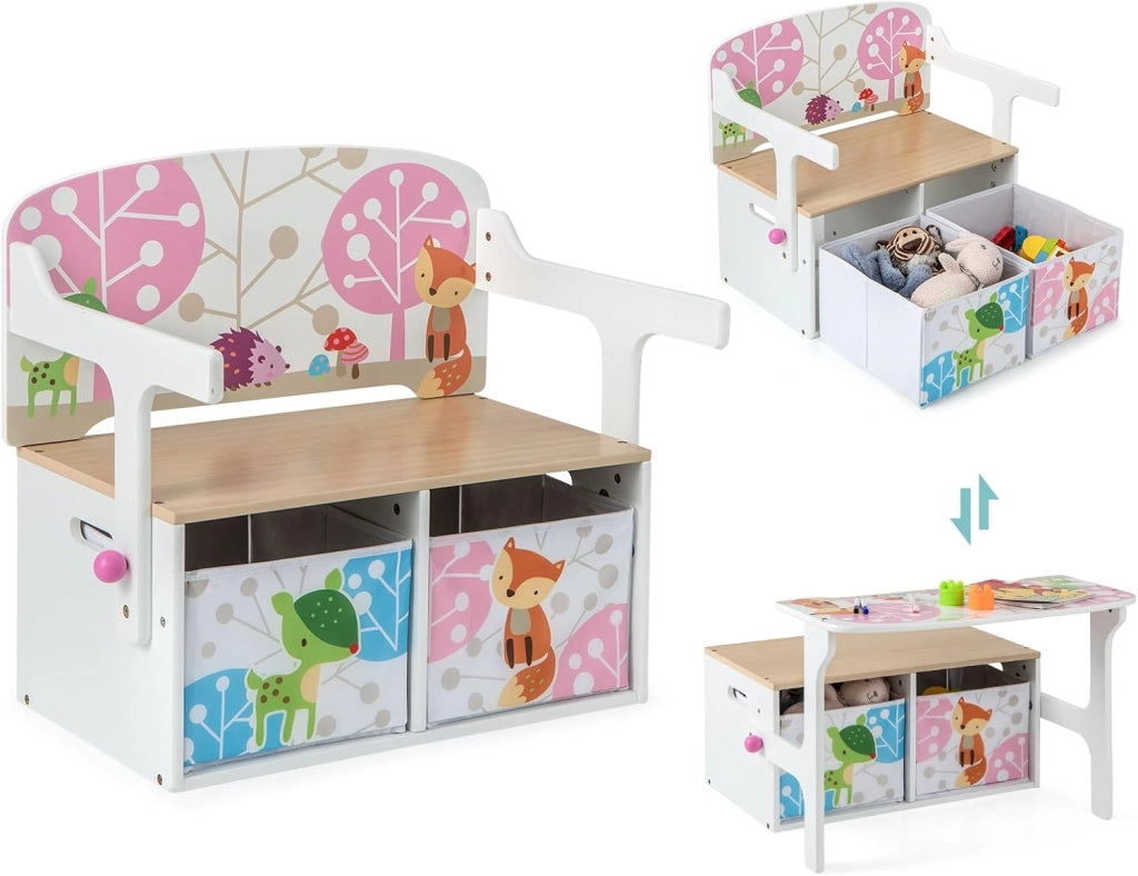 Cassapanca Contenitore 3 in 1 per Bambini Trasformabile in Legno con 2 Cassetti in Tessuto, Tavolo bambini con Sedie Multifunzione, Scatola dei Giocattoli per 3-7 Anni (Bianco)