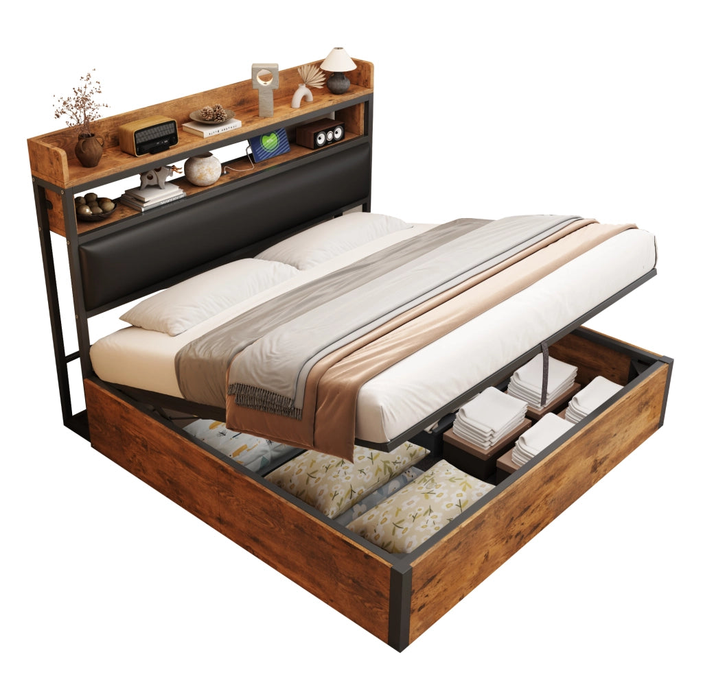 Letto 180x200 cm con contenitore idraulico, USB e testiera imbottita nero