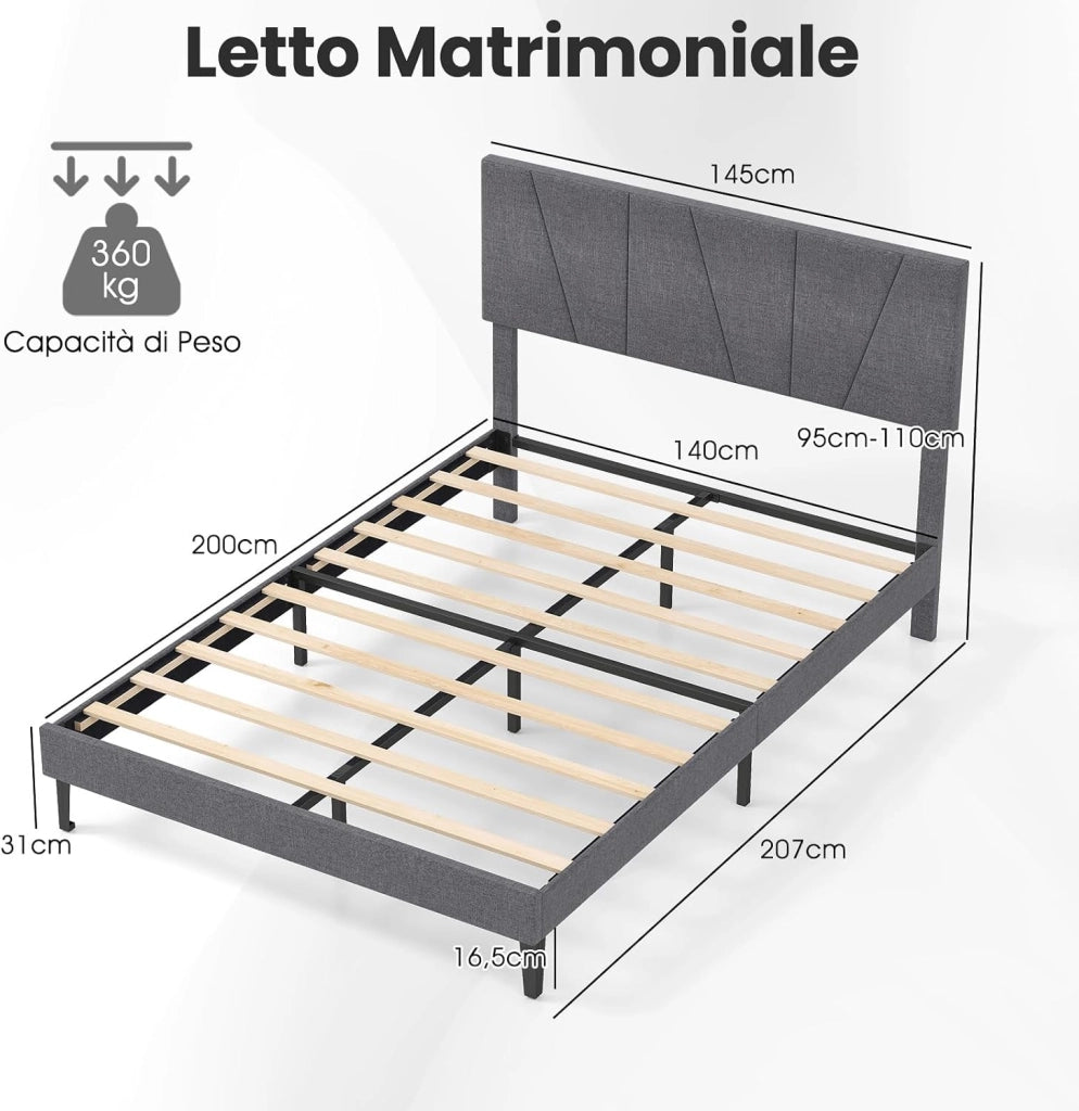 Struttura Letto Matrimoniale, Letto Piattaforma Rivestito in Lino con Testiera Regolabile in Altezza, Doghe in Legno a Supporto del Materasso, Silenzioso (200x140 cm)