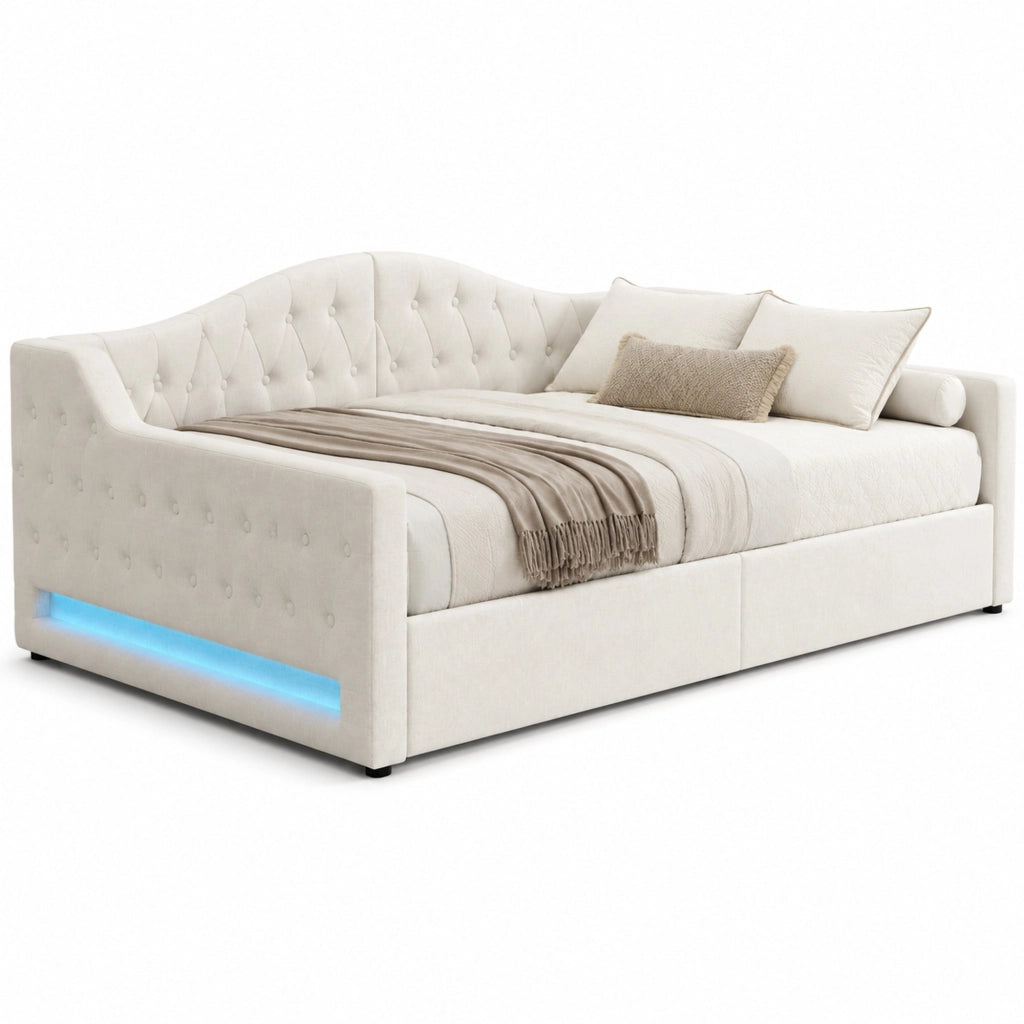 Letto da giorno imbottito 140x200 con LED e spazio contenitore, Beige