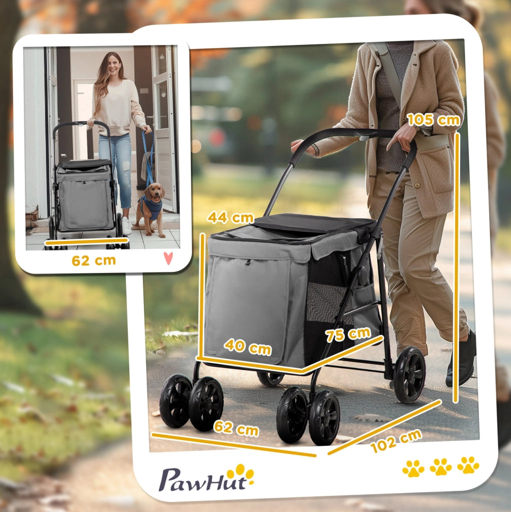 Passeggino pieghevole per cani 102x62x105 cm in poliestere grigio, 4 ruote –