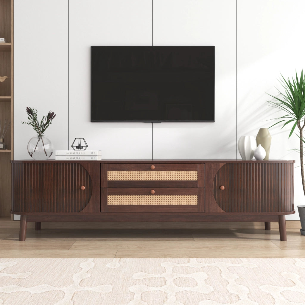 Mobile TV in MDF con ante in legno e cassetti in rattan, 170 x 46 x 39,5 cm, colore legno naturale
